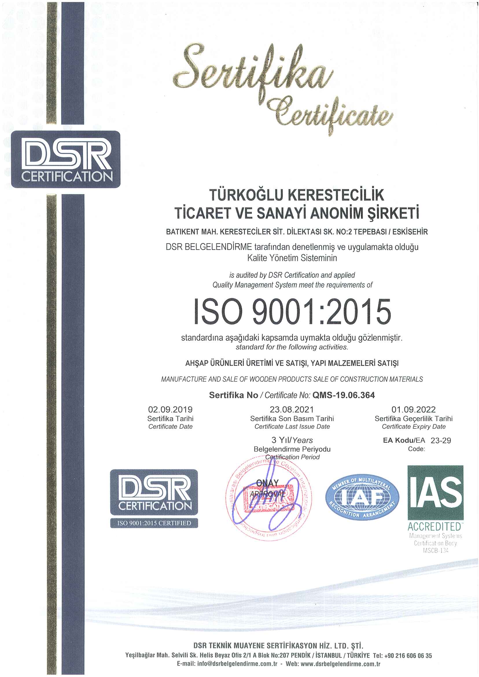 ıso 90012005 dsr KALİTE BELGESİ